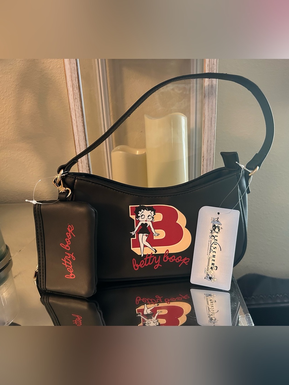 Betty Boop Black Shoulder Bag with Red Logo and Coin Pouch